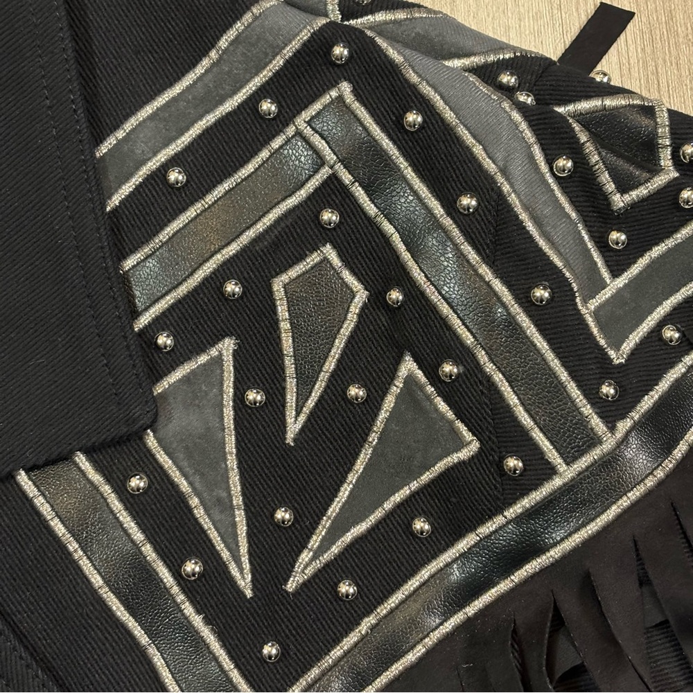 Vintage IB Diffusion Small Black Fringe Western Jacket Studded Yoke Belted 90s - Picture 14 of 15